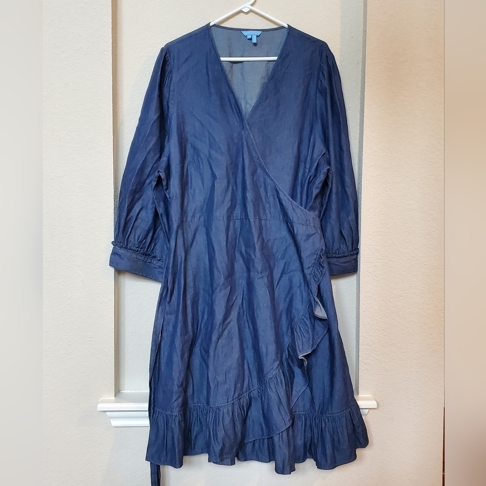 Draper James Reba Wrap Dress Dark Wash Blue Chambray Plus Size 24